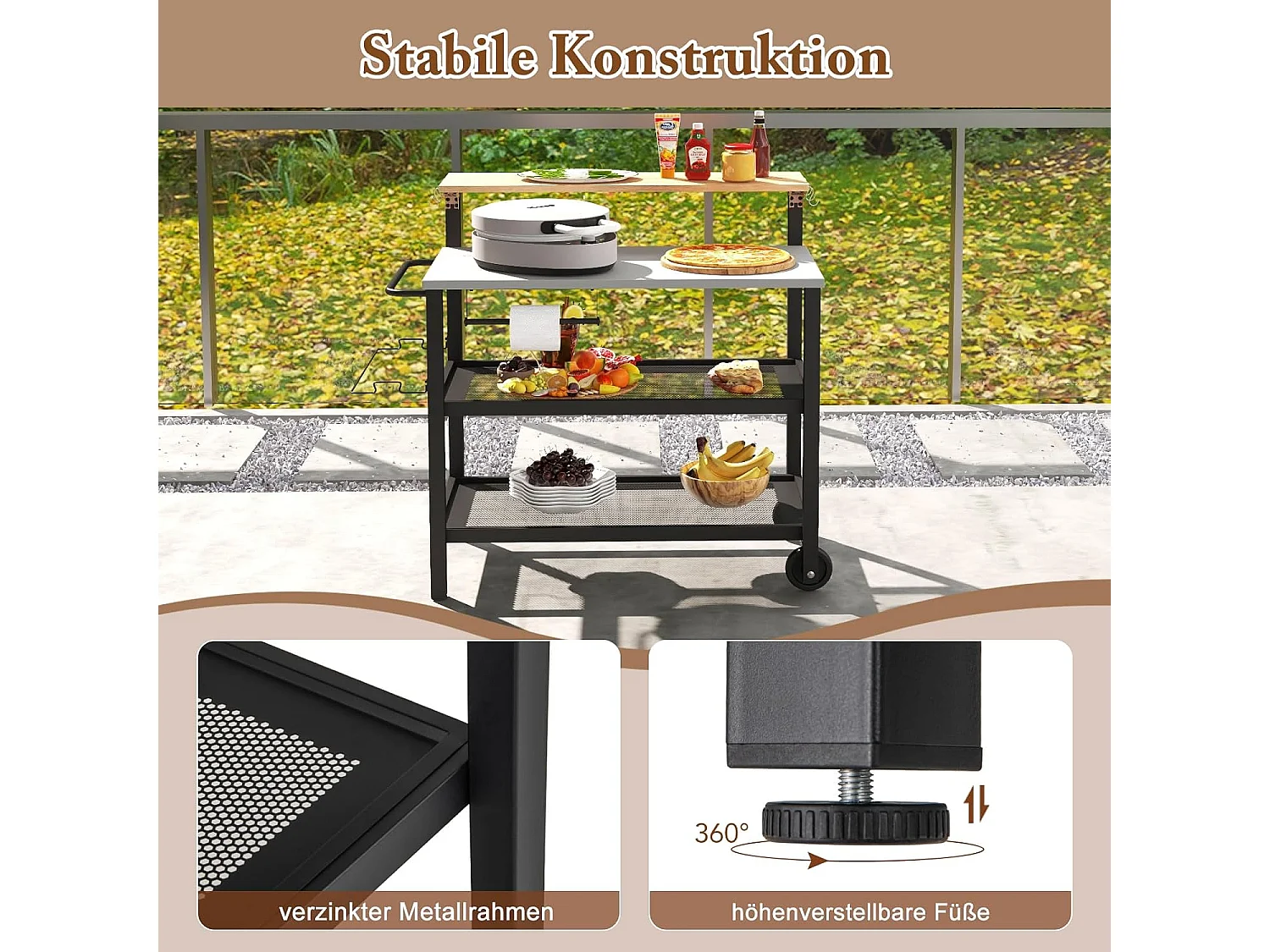 Grillwagen met opklapbare tafel, grilltafel, handdoekhouder, vuilniszakhouder en 2 planken, outdoor serveerwagen, grill bijzettafel, pizzaovenstandaard, rolwagen