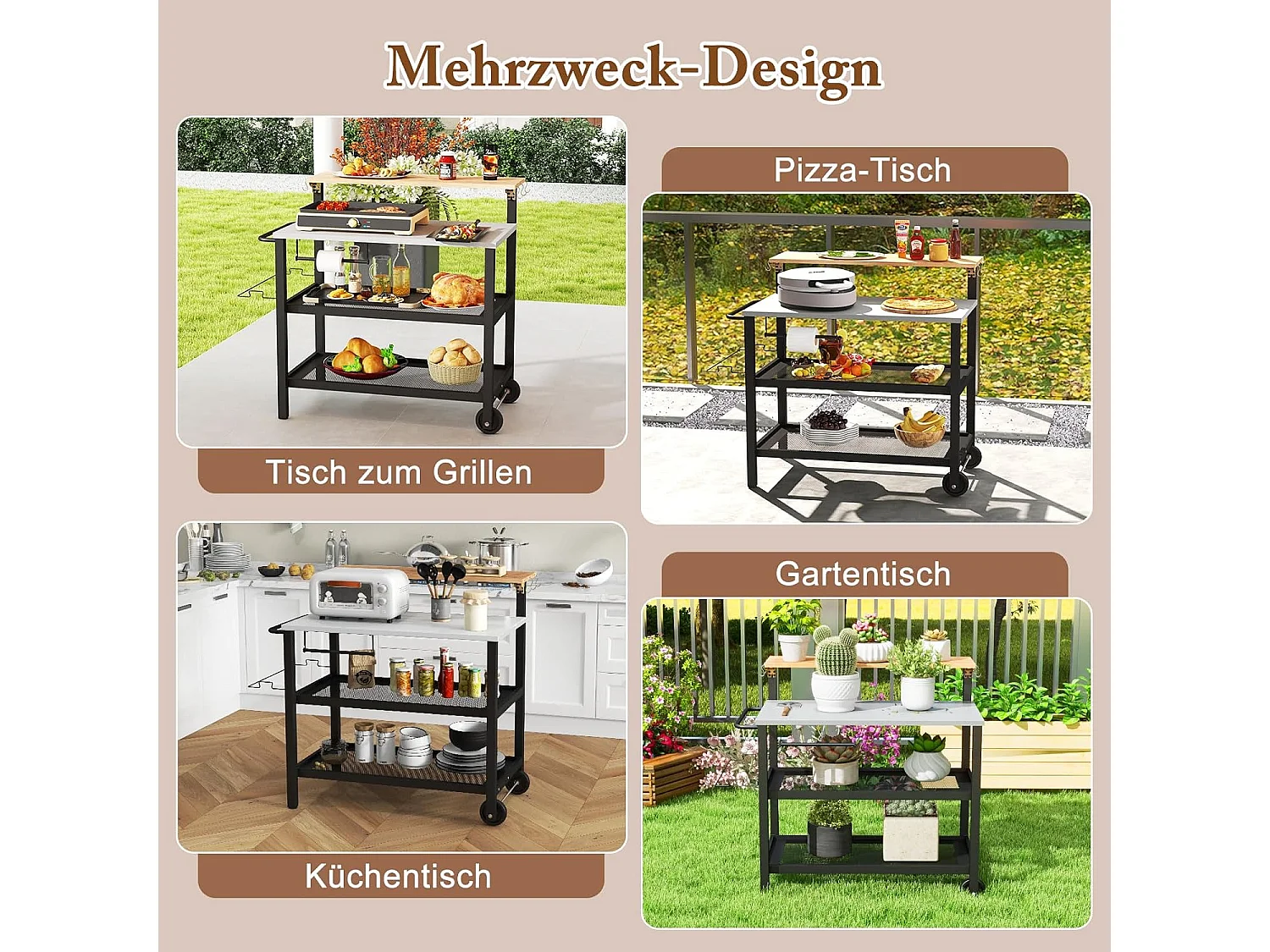 Grillwagen met opklapbare tafel, grilltafel, handdoekhouder, vuilniszakhouder en 2 planken, outdoor serveerwagen, grill bijzettafel, pizzaovenstandaard, rolwagen