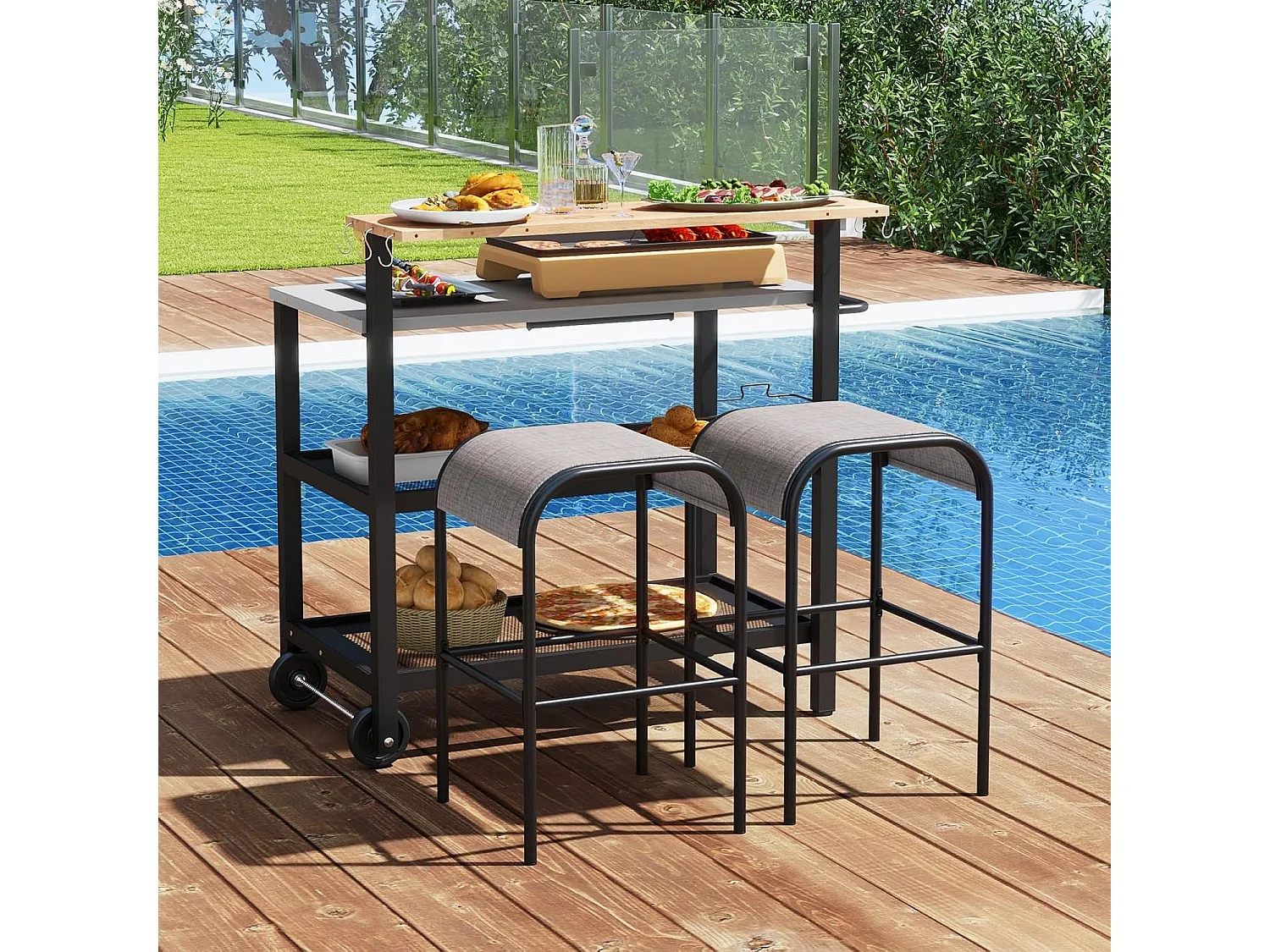 Grillwagen met opklapbare tafel, grilltafel, handdoekhouder, vuilniszakhouder en 2 planken, outdoor serveerwagen, grill bijzettafel, pizzaovenstandaard, rolwagen