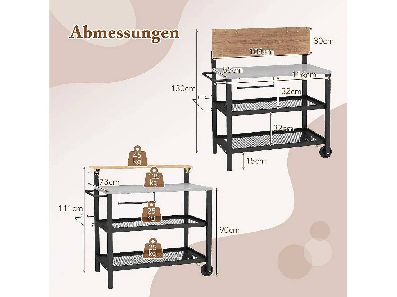 Grillwagen met opklapbare tafel, grilltafel, handdoekhouder, vuilniszakhouder en 2 planken, outdoor serveerwagen, grill bijzettafel, pizzaovenstandaard, rolwagen