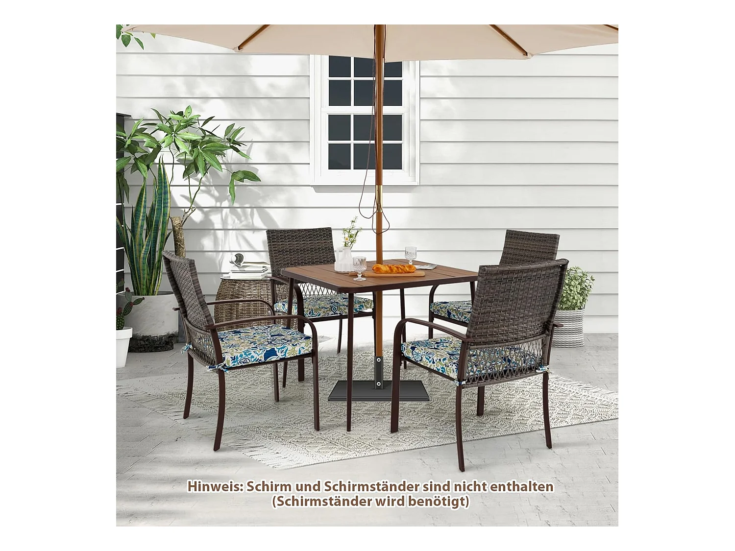 Polyrotan tuinmeubelset voor 4 personen, tafel, 4 rotanstoelen en kussens, tafelblad, terrasmeubelset, tuingarnituur, zitgroep, zitmeubel, eetgroep