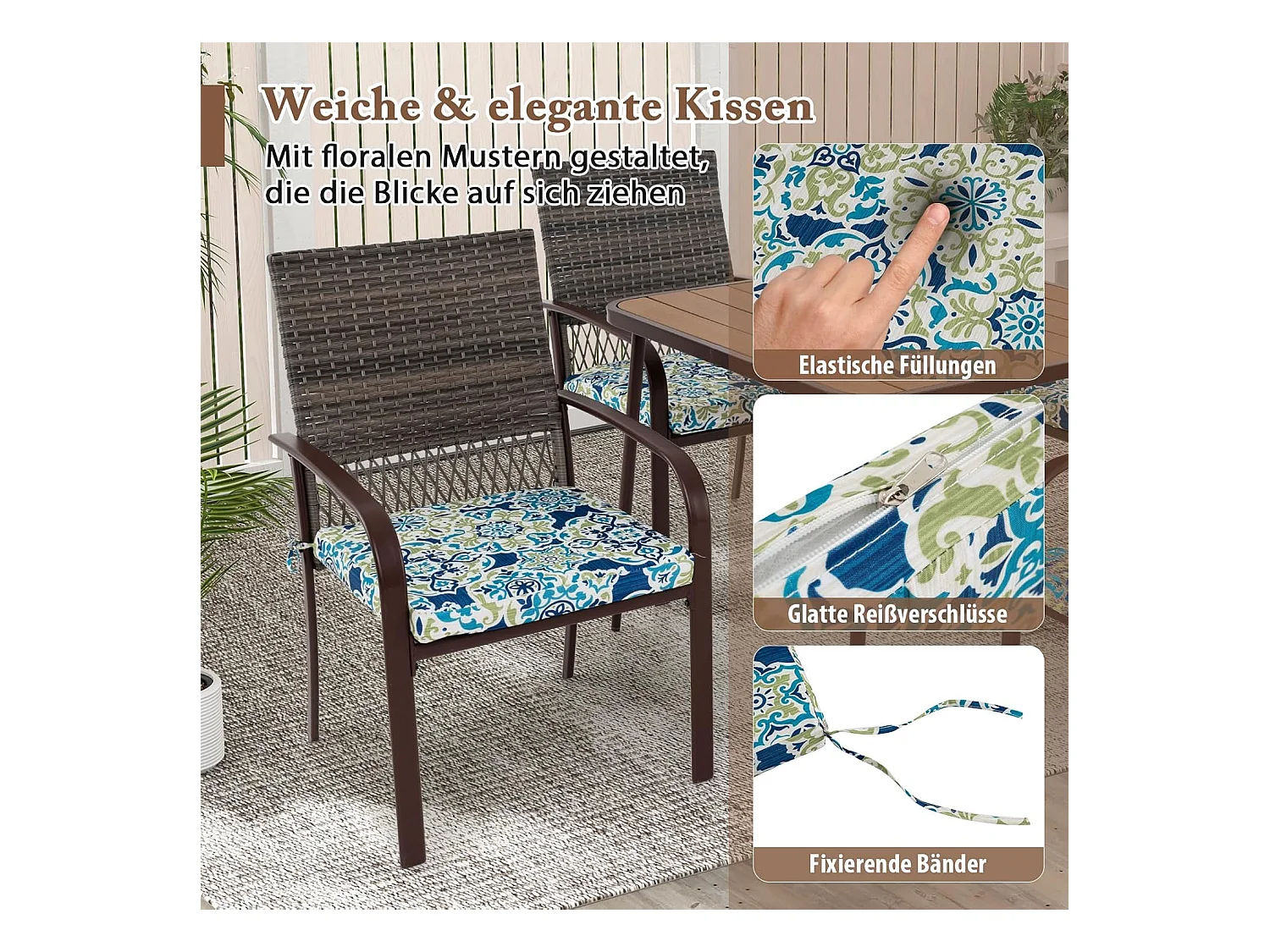 Polyrotan tuinmeubelset voor 4 personen, tafel, 4 rotanstoelen en kussens, tafelblad, terrasmeubelset, tuingarnituur, zitgroep, zitmeubel, eetgroep