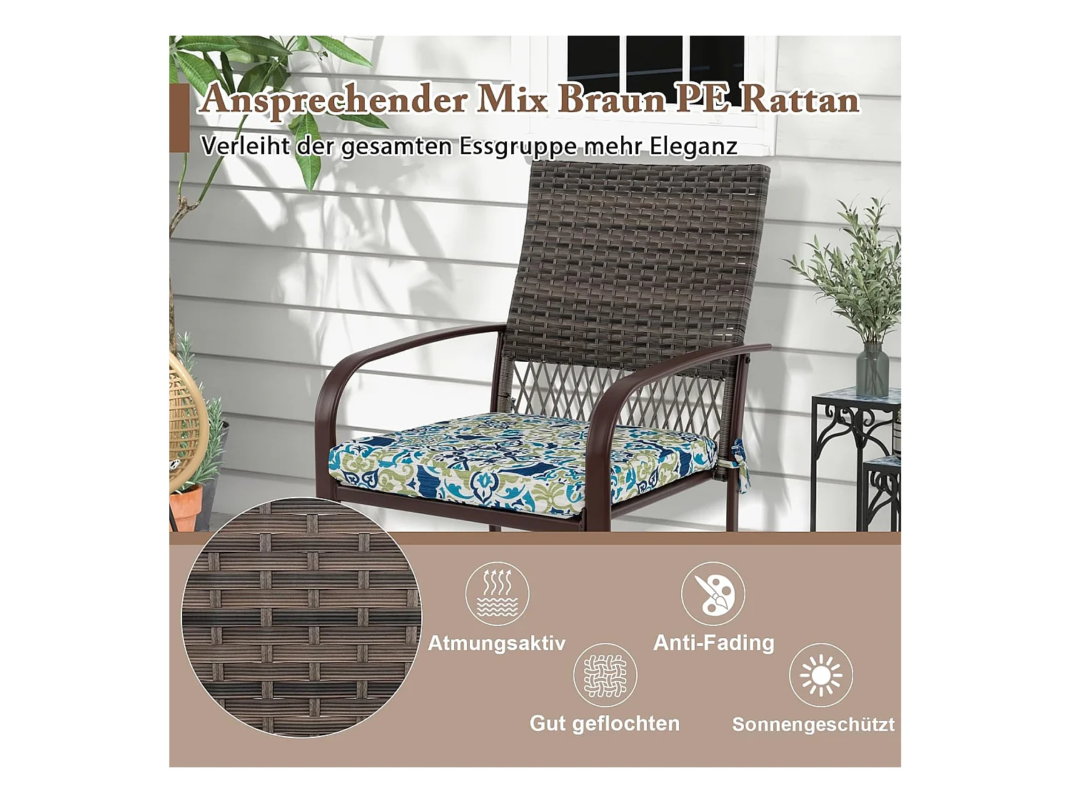 Polyrotan tuinmeubelset voor 4 personen, tafel, 4 rotanstoelen en kussens, tafelblad, terrasmeubelset, tuingarnituur, zitgroep, zitmeubel, eetgroep