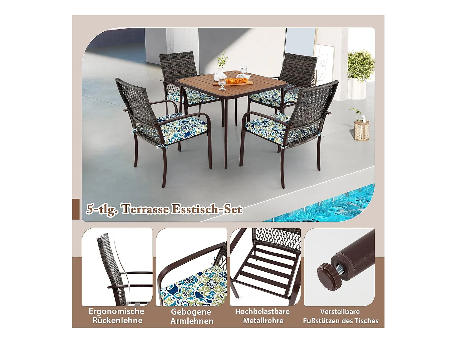 Polyrotan tuinmeubelset voor 4 personen, tafel, 4 rotanstoelen en kussens, tafelblad, terrasmeubelset, tuingarnituur, zitgroep, zitmeubel, eetgroep