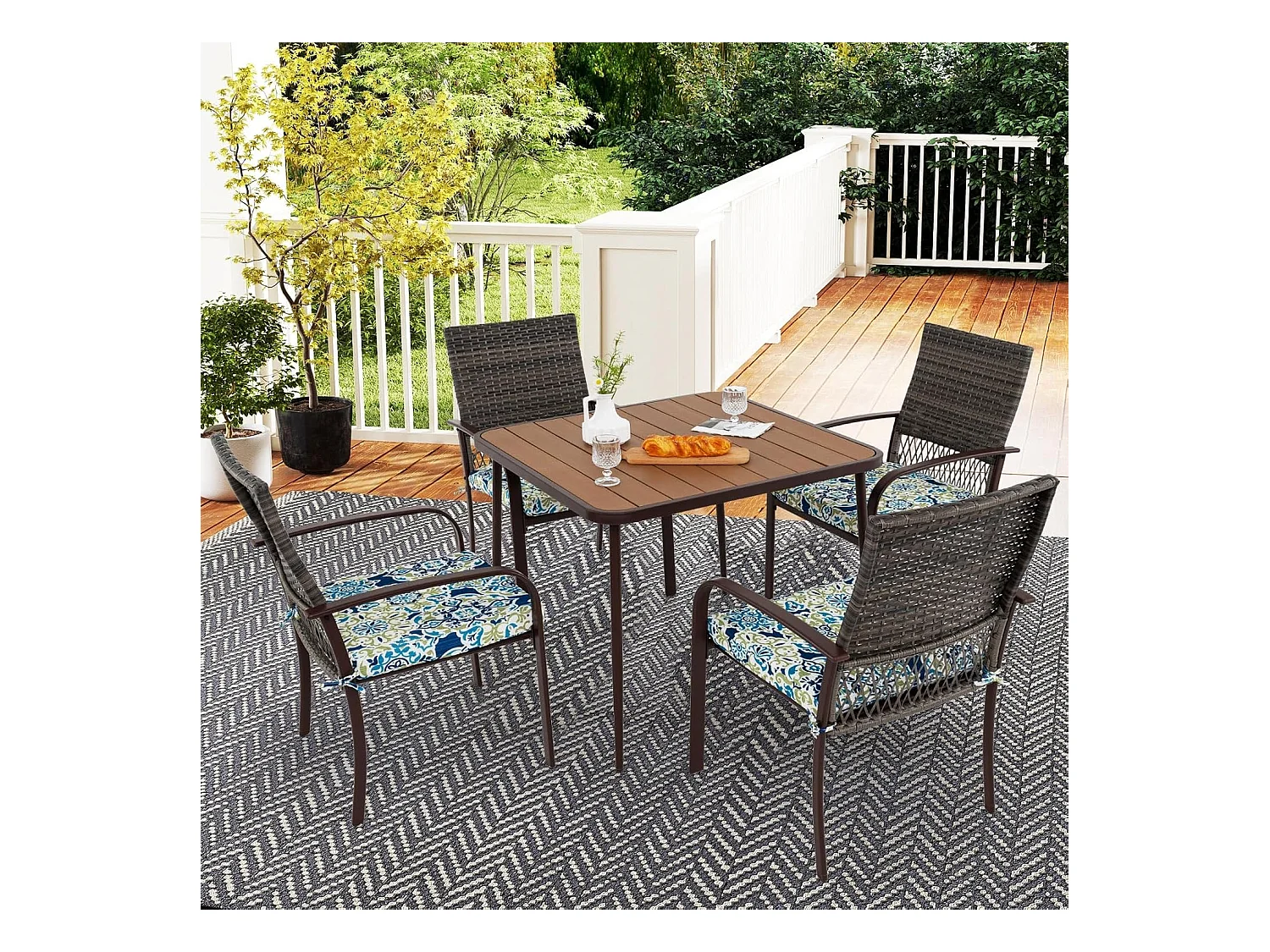 Polyrotan tuinmeubelset voor 4 personen, tafel, 4 rotanstoelen en kussens, tafelblad, terrasmeubelset, tuingarnituur, zitgroep, zitmeubel, eetgroep