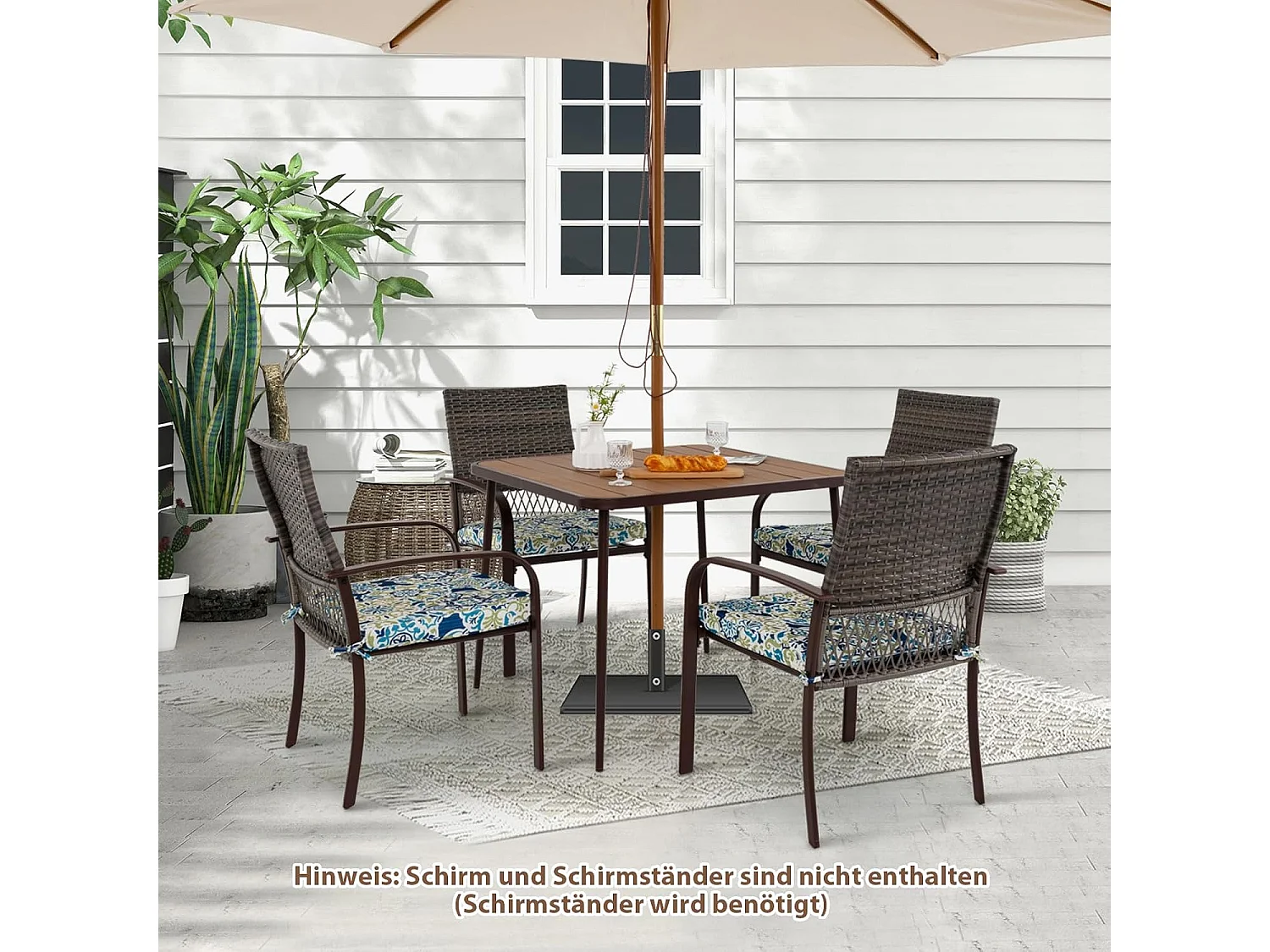 Polyrotan tuinmeubelset voor 4 personen, tafel, 4 rotanstoelen en kussens, tafelblad, terrasmeubelset, tuingarnituur, zitgroep, zitmeubel, eetgroep