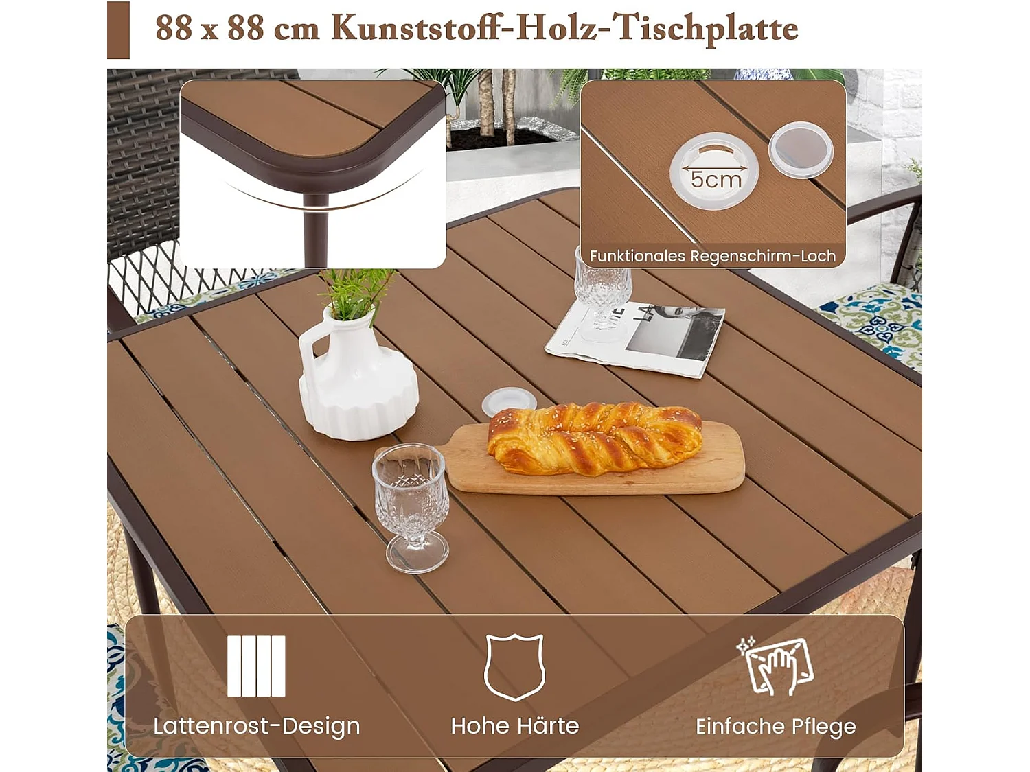 Polyrotan tuinmeubelset voor 4 personen, tafel, 4 rotanstoelen en kussens, tafelblad, terrasmeubelset, tuingarnituur, zitgroep, zitmeubel, eetgroep