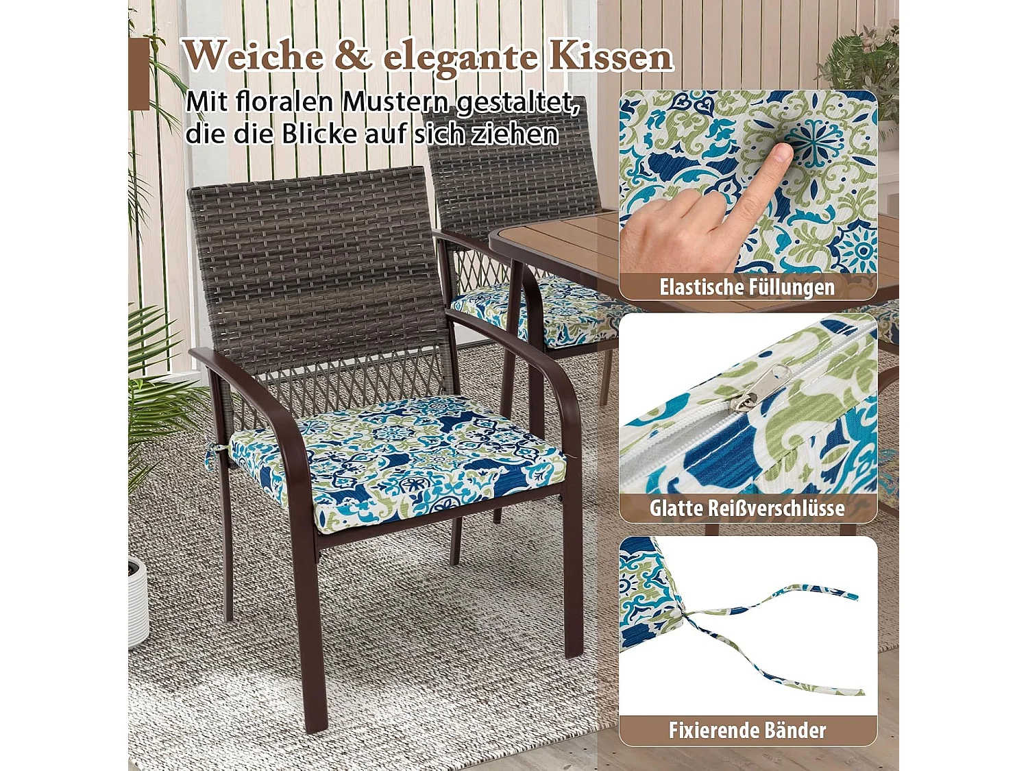 Polyrotan tuinmeubelset voor 4 personen, tafel, 4 rotanstoelen en kussens, tafelblad, terrasmeubelset, tuingarnituur, zitgroep, zitmeubel, eetgroep