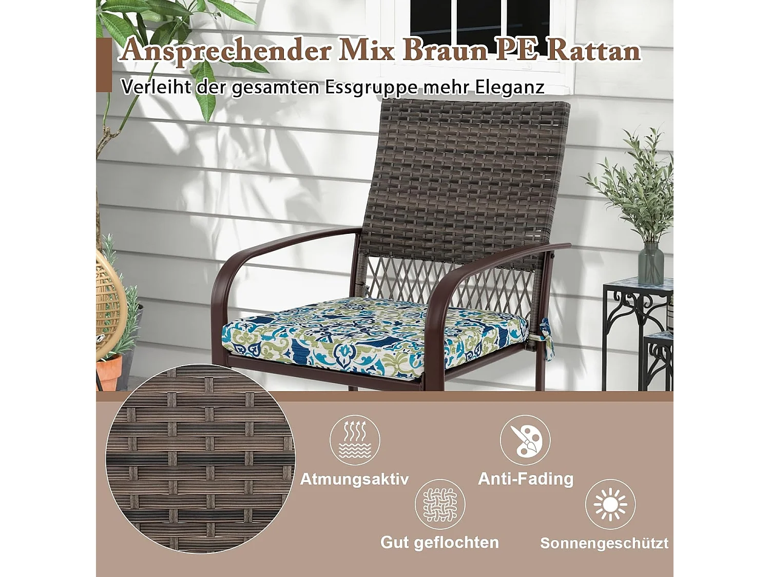Polyrotan tuinmeubelset voor 4 personen, tafel, 4 rotanstoelen en kussens, tafelblad, terrasmeubelset, tuingarnituur, zitgroep, zitmeubel, eetgroep