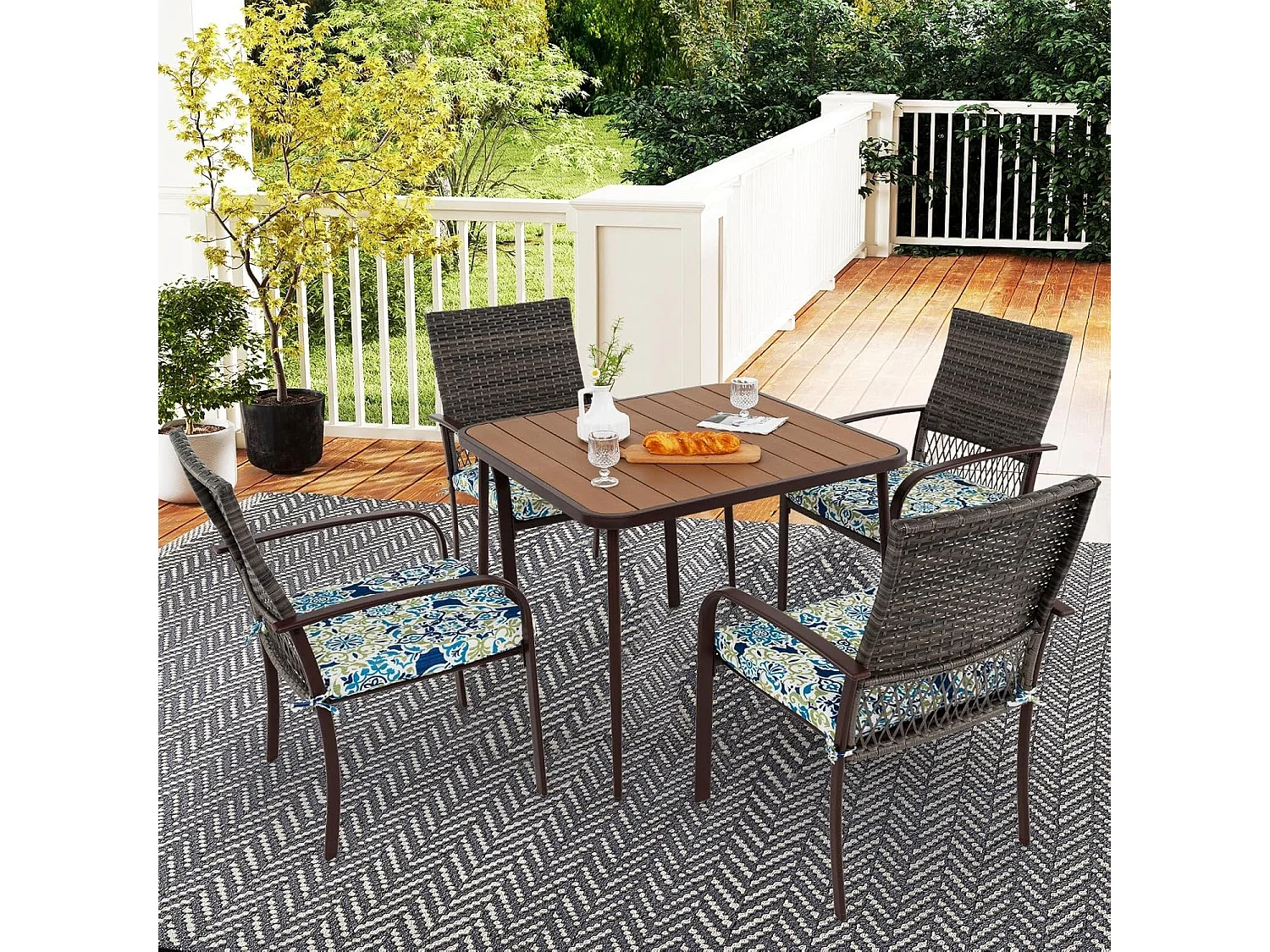 Polyrotan tuinmeubelset voor 4 personen, tafel, 4 rotanstoelen en kussens, tafelblad, terrasmeubelset, tuingarnituur, zitgroep, zitmeubel, eetgroep