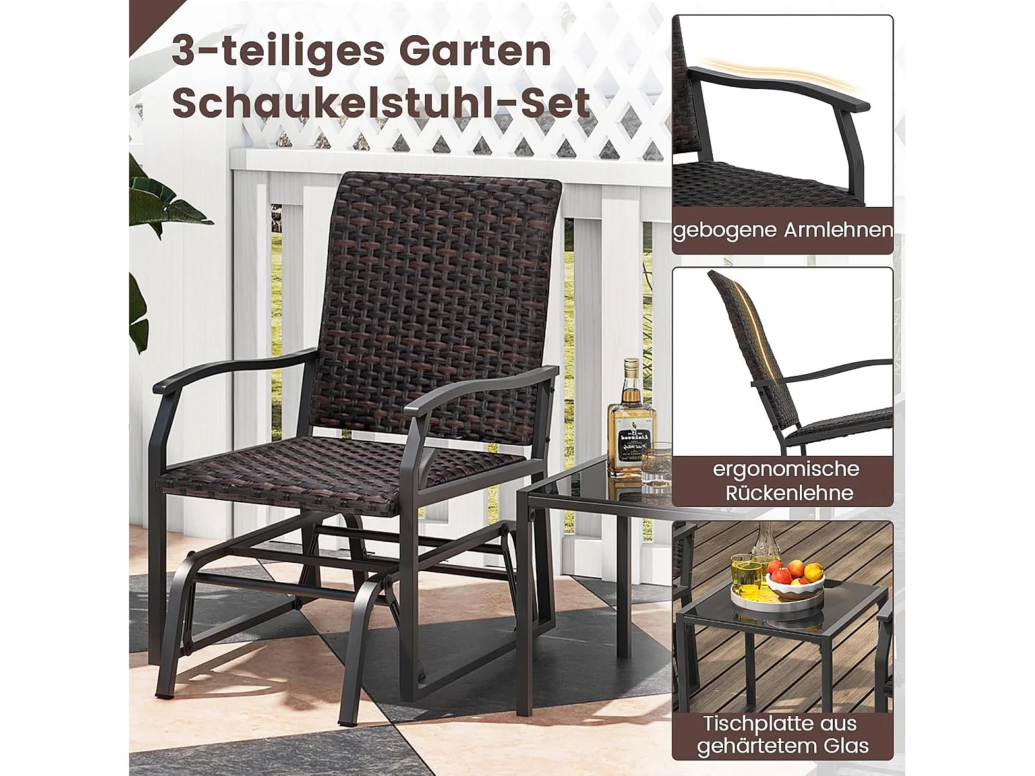 3-delige balkonmeubelset, rotan balkonset, tuinmeubelen met gevoerde zitting, rotan meubels voor klein balkon, terrasmeubels, zitgroep voor tuin, veranda ZB33613