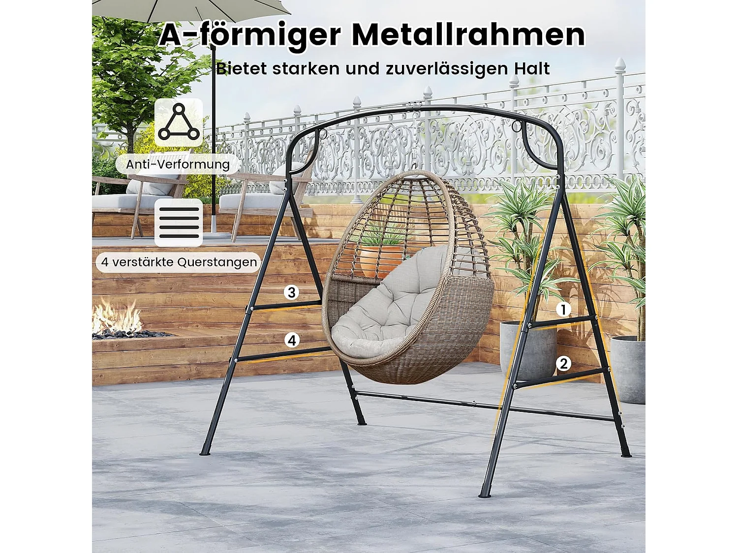 Schommelframe met 2 ophangmogelijkheden, frame voor nestschommel, hangstoel, hangbank, schommelframe van metaal, voor binnen of buiten ZB34211