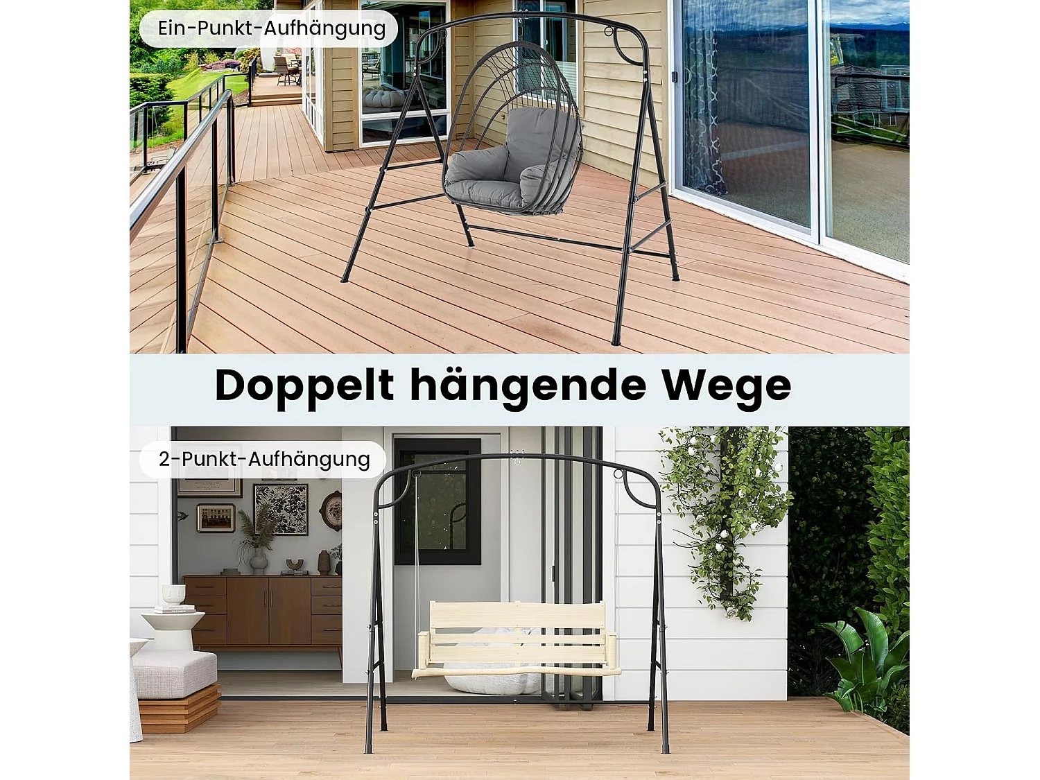 Schommelframe met 2 ophangmogelijkheden, frame voor nestschommel, hangstoel, hangbank, schommelframe van metaal, voor binnen of buiten ZB34211