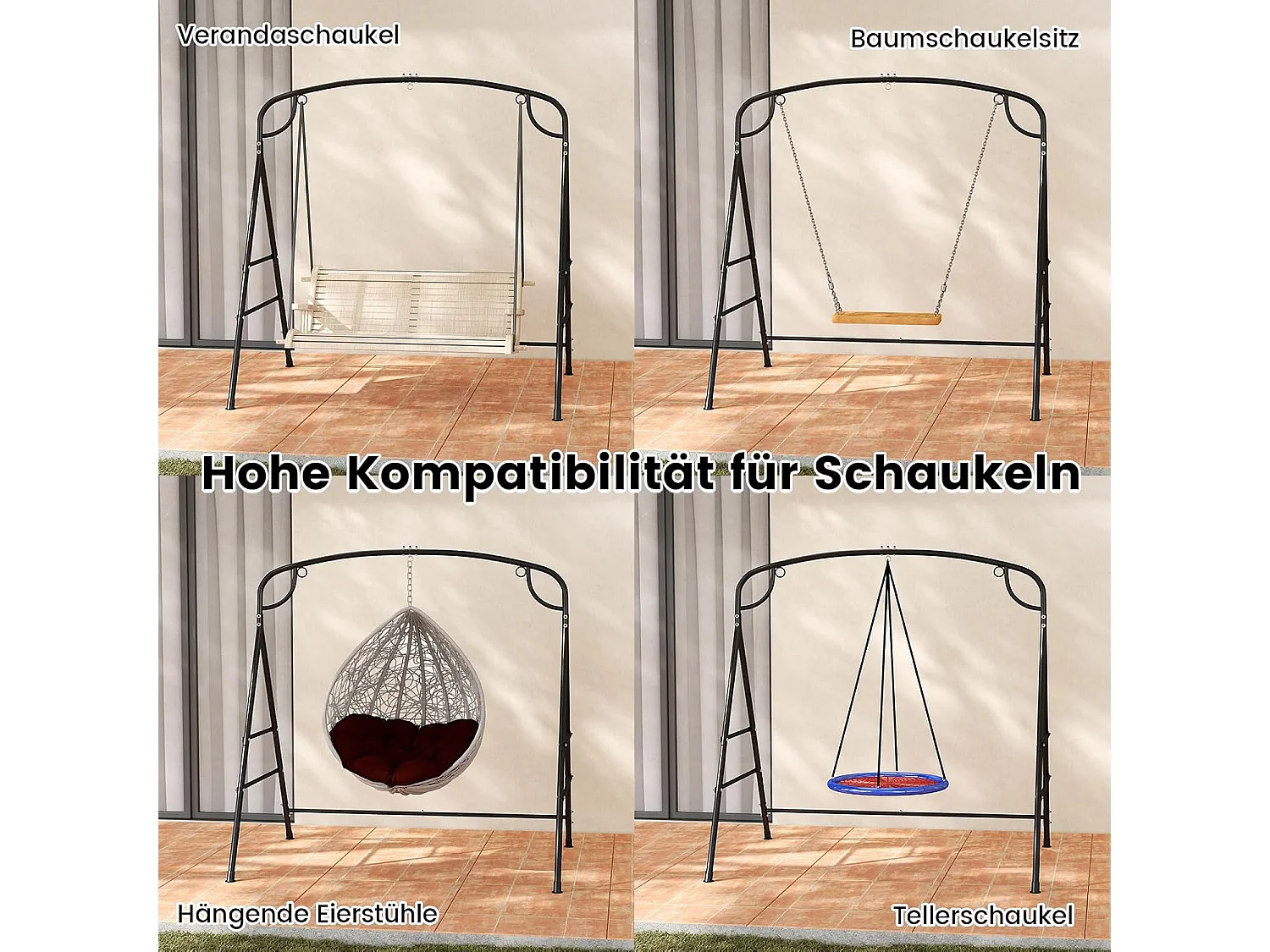 Schommelframe met 2 ophangmogelijkheden, frame voor nestschommel, hangstoel, hangbank, schommelframe van metaal, voor binnen of buiten ZB34211