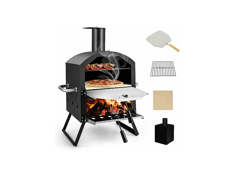Outdoor pizzaoven, 2-laags pizzaoven met grillrooster, pizzasteen, pizzaschep, afdekking, hittebestendige handgrepen, voor picknick, feest, camping ZB32036