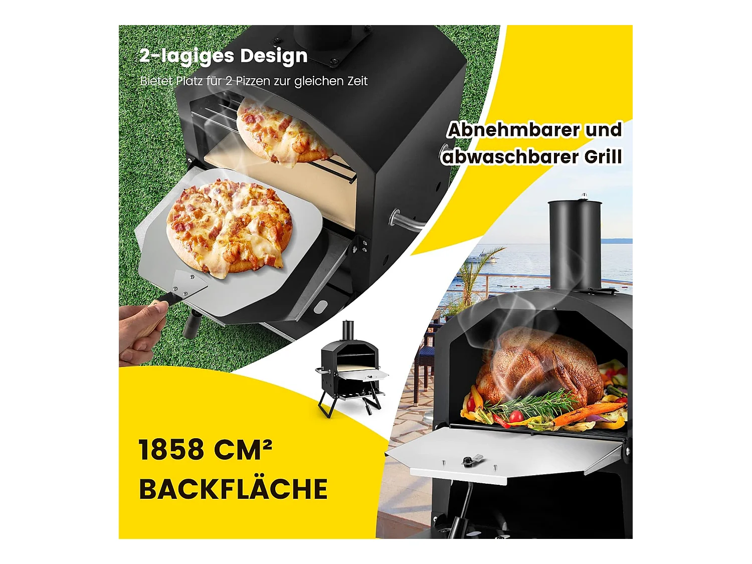 Outdoor pizzaoven, 2-laags pizzaoven met grillrooster, pizzasteen, pizzaschep, afdekking, hittebestendige handgrepen, voor picknick, feest, camping ZB32036