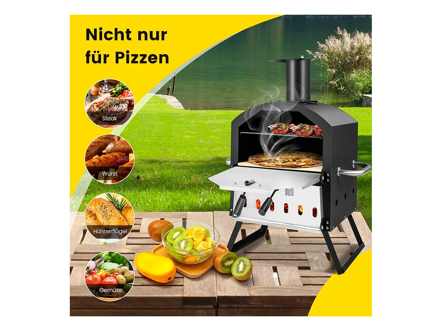 Outdoor pizzaoven, 2-laags pizzaoven met grillrooster, pizzasteen, pizzaschep, afdekking, hittebestendige handgrepen, voor picknick, feest, camping ZB32036