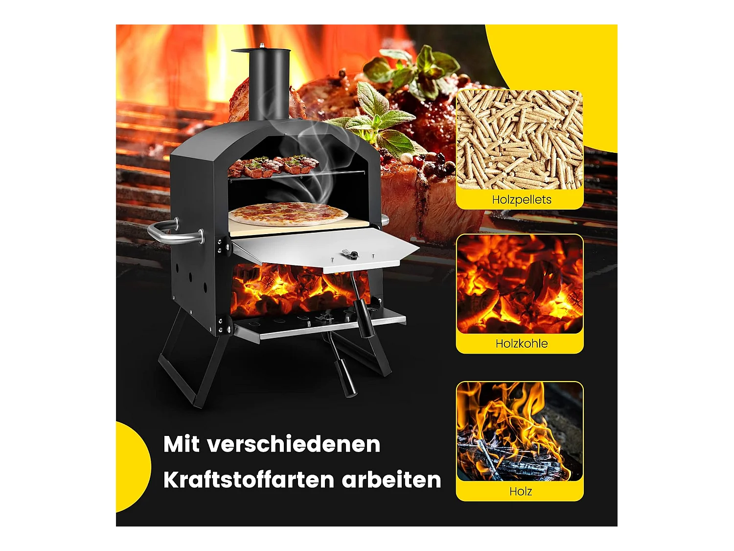 Outdoor pizzaoven, 2-laags pizzaoven met grillrooster, pizzasteen, pizzaschep, afdekking, hittebestendige handgrepen, voor picknick, feest, camping ZB32036