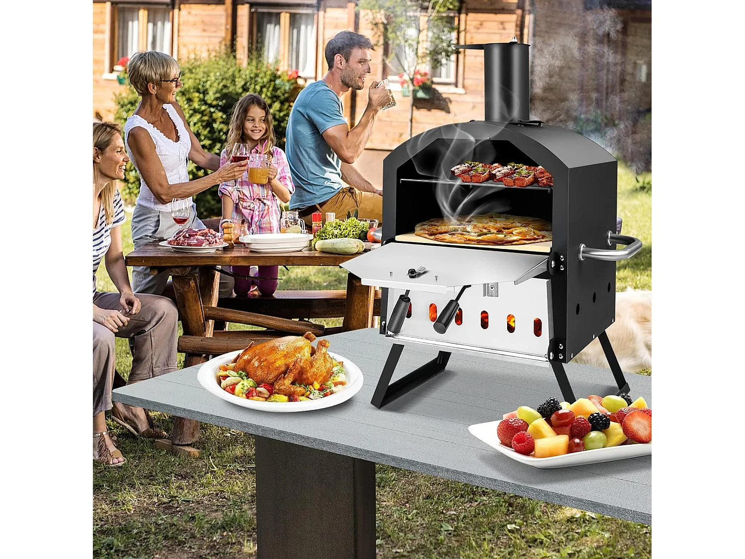 Outdoor pizzaoven, 2-laags pizzaoven met grillrooster, pizzasteen, pizzaschep, afdekking, hittebestendige handgrepen, voor picknick, feest, camping ZB32036