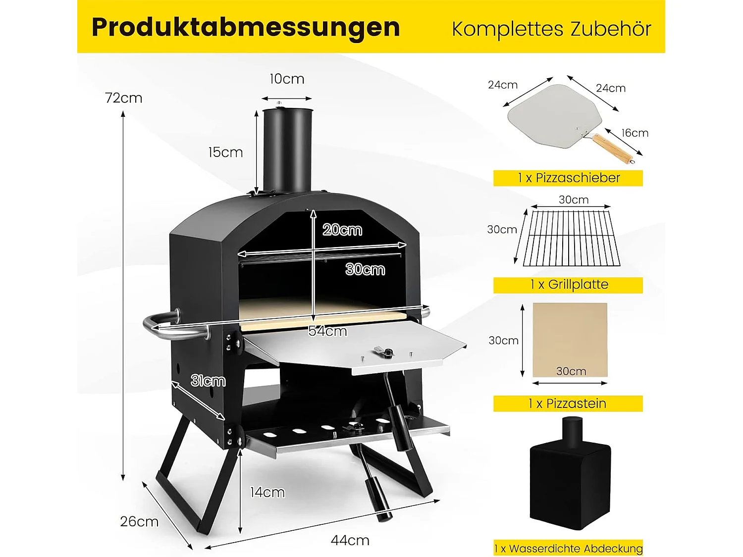Outdoor pizzaoven, 2-laags pizzaoven met grillrooster, pizzasteen, pizzaschep, afdekking, hittebestendige handgrepen, voor picknick, feest, camping ZB32036