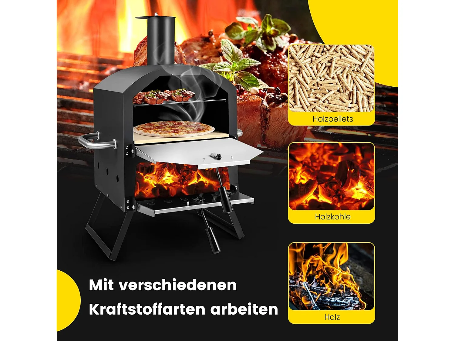 Outdoor pizzaoven, 2-laags pizzaoven met grillrooster, pizzasteen, pizzaschep, afdekking, hittebestendige handgrepen, voor picknick, feest, camping ZB32036