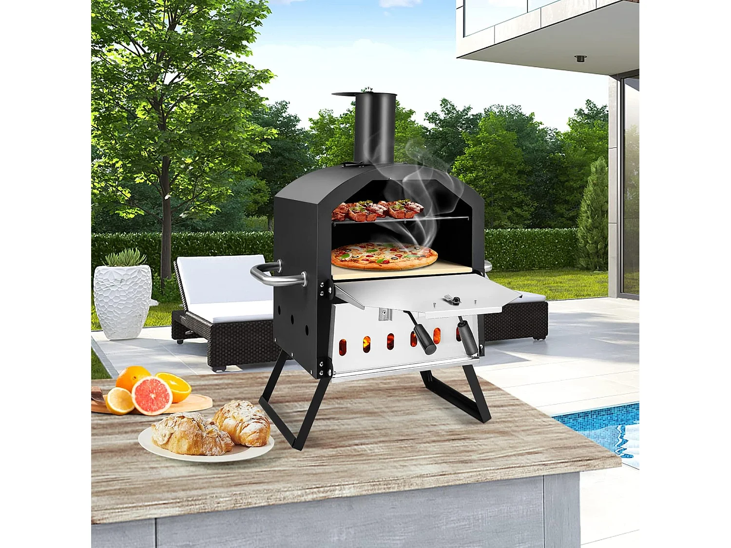 Outdoor pizzaoven, 2-laags pizzaoven met grillrooster, pizzasteen, pizzaschep, afdekking, hittebestendige handgrepen, voor picknick, feest, camping ZB32036