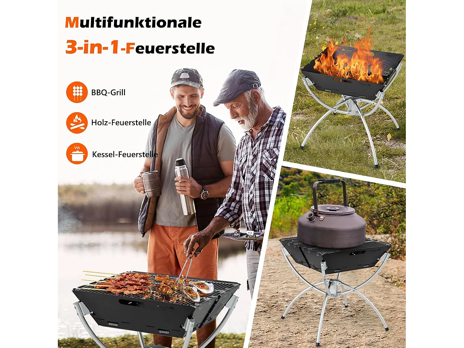 Campinggrill, 3-in-1 vuurplaats voor brandhout en houtskool, draagbare vuurschaal met draagtas en handschoenen voor grillen, kampvuur ZB33625