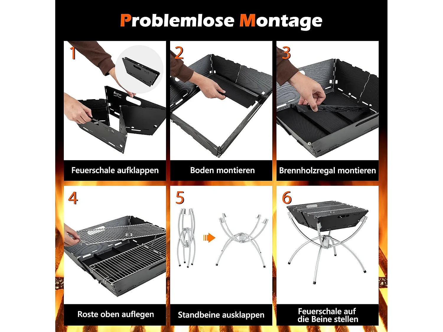Campinggrill, 3-in-1 vuurplaats voor brandhout en houtskool, draagbare vuurschaal met draagtas en handschoenen voor grillen, kampvuur ZB33625