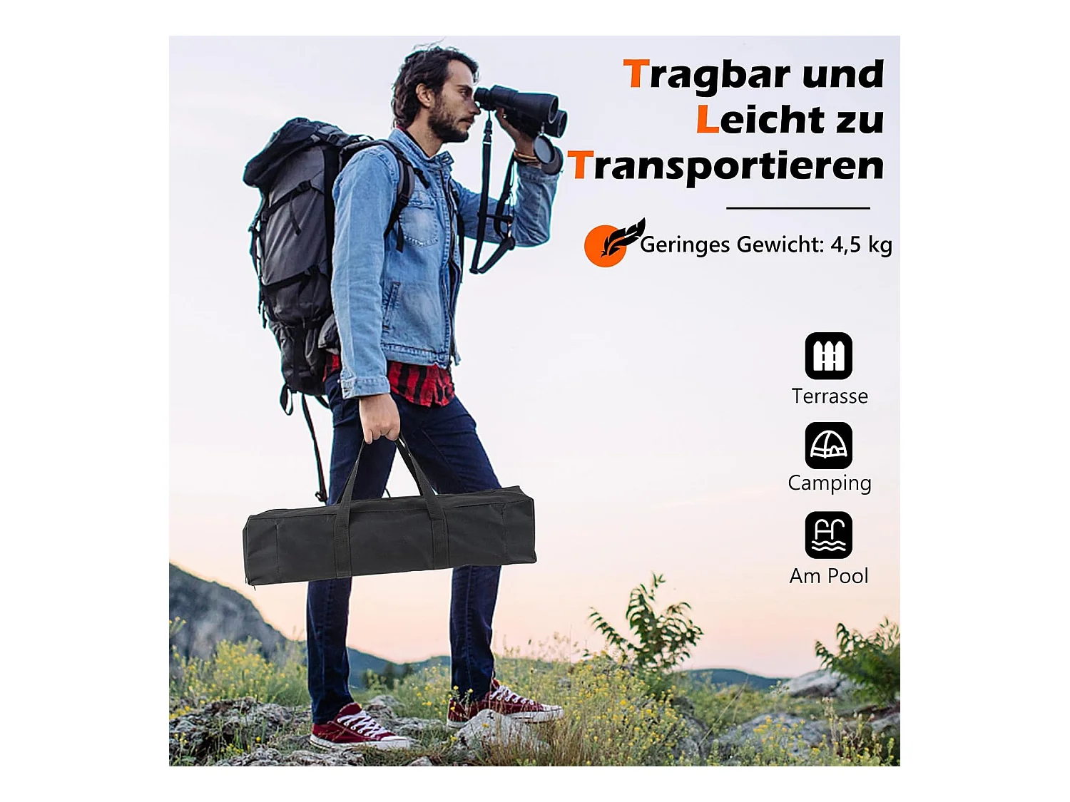 Campinggrill, 3-in-1 vuurplaats voor brandhout en houtskool, draagbare vuurschaal met draagtas en handschoenen voor grillen, kampvuur ZB33625