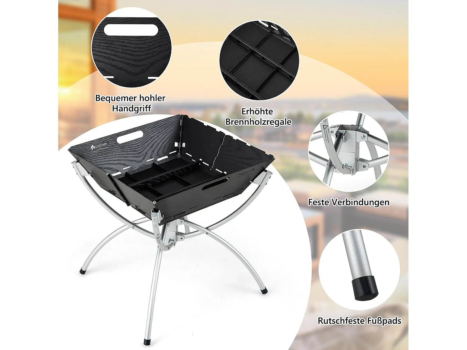 Campinggrill, 3-in-1 vuurplaats voor brandhout en houtskool, draagbare vuurschaal met draagtas en handschoenen voor grillen, kampvuur ZB33625