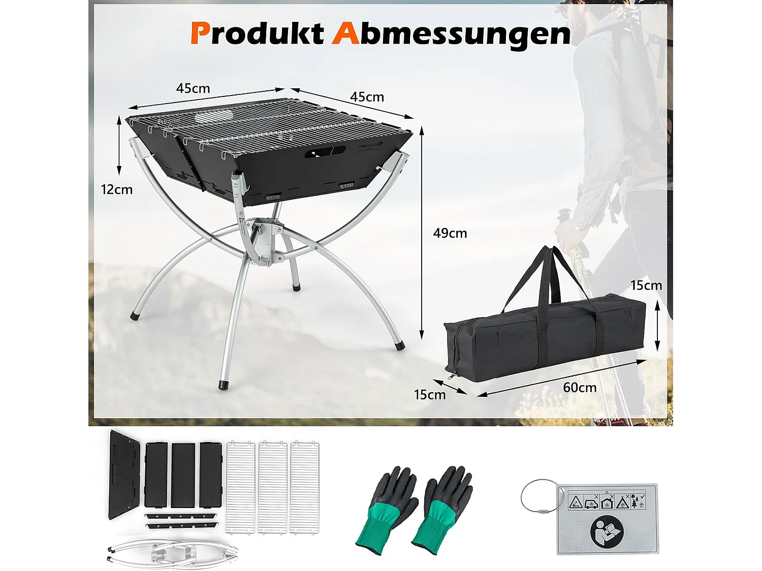 Campinggrill, 3-in-1 vuurplaats voor brandhout en houtskool, draagbare vuurschaal met draagtas en handschoenen voor grillen, kampvuur ZB33625