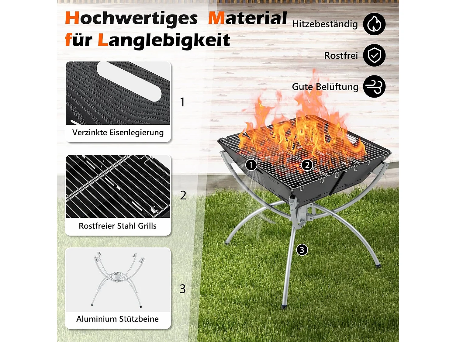 Campinggrill, 3-in-1 vuurplaats voor brandhout en houtskool, draagbare vuurschaal met draagtas en handschoenen voor grillen, kampvuur ZB33625