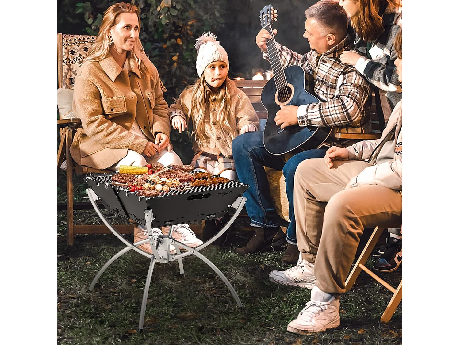 Campinggrill, 3-in-1 vuurplaats voor brandhout en houtskool, draagbare vuurschaal met draagtas en handschoenen voor grillen, kampvuur ZB33625