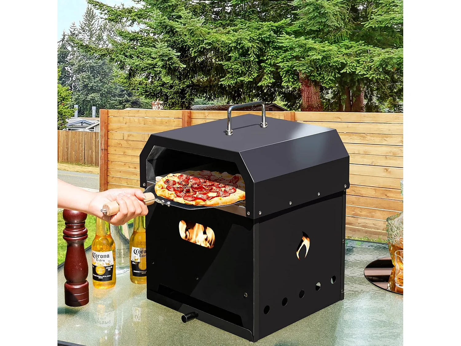 4-in-1 pizzaoven, outdoor grill, houtgestookte pizzaoven, pizzasteen, pizzaschep en grillrooster, draagbare tuinoven voor tuin, camping, feest