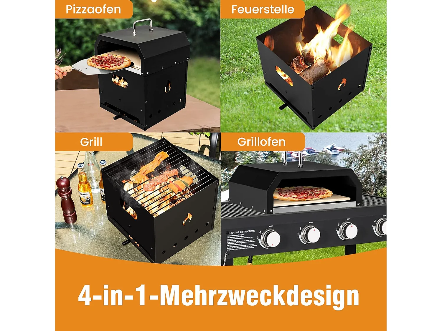 4-in-1 pizzaoven, outdoor grill, houtgestookte pizzaoven, pizzasteen, pizzaschep en grillrooster, draagbare tuinoven voor tuin, camping, feest