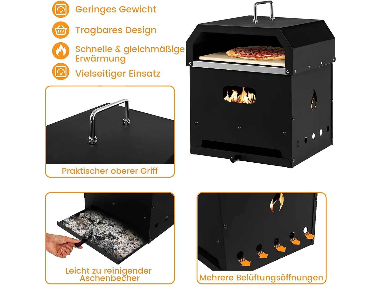 4-in-1 pizzaoven, outdoor grill, houtgestookte pizzaoven, pizzasteen, pizzaschep en grillrooster, draagbare tuinoven voor tuin, camping, feest