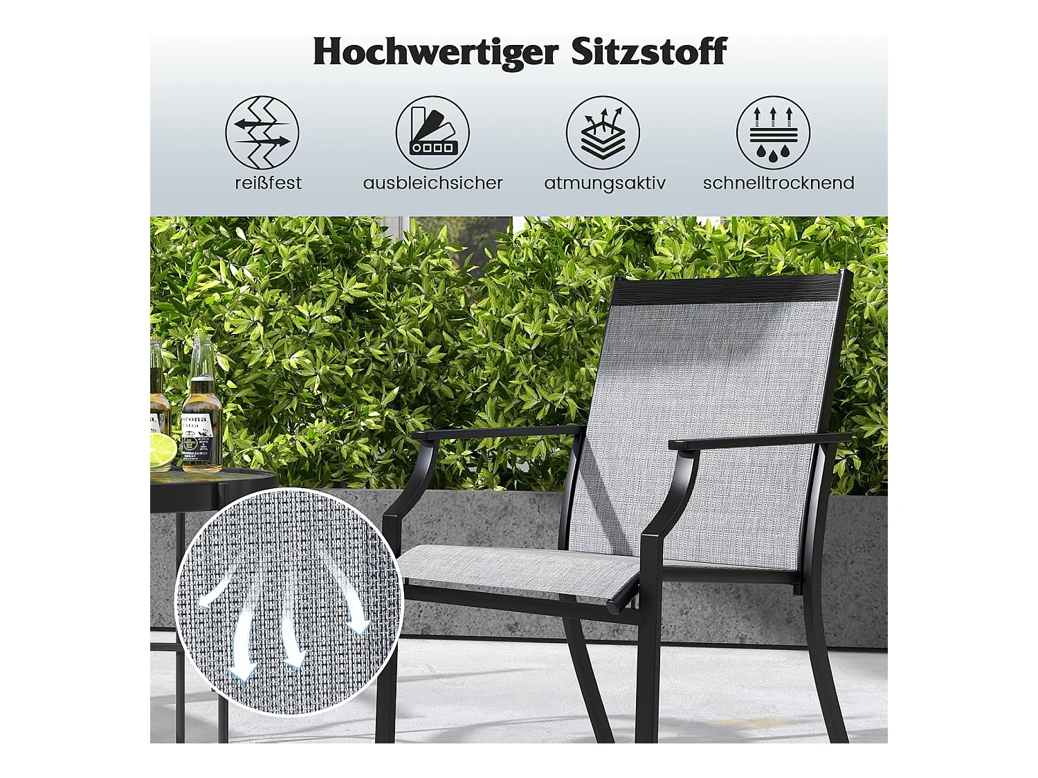 Set van 2 tuinstoelen, terrasstoelen, balkonstoelen met ademende zitting, outdoorstoelen tot 150 kg belastbaar, voor tuin, balkon, zwembad (grijs)ZB33582