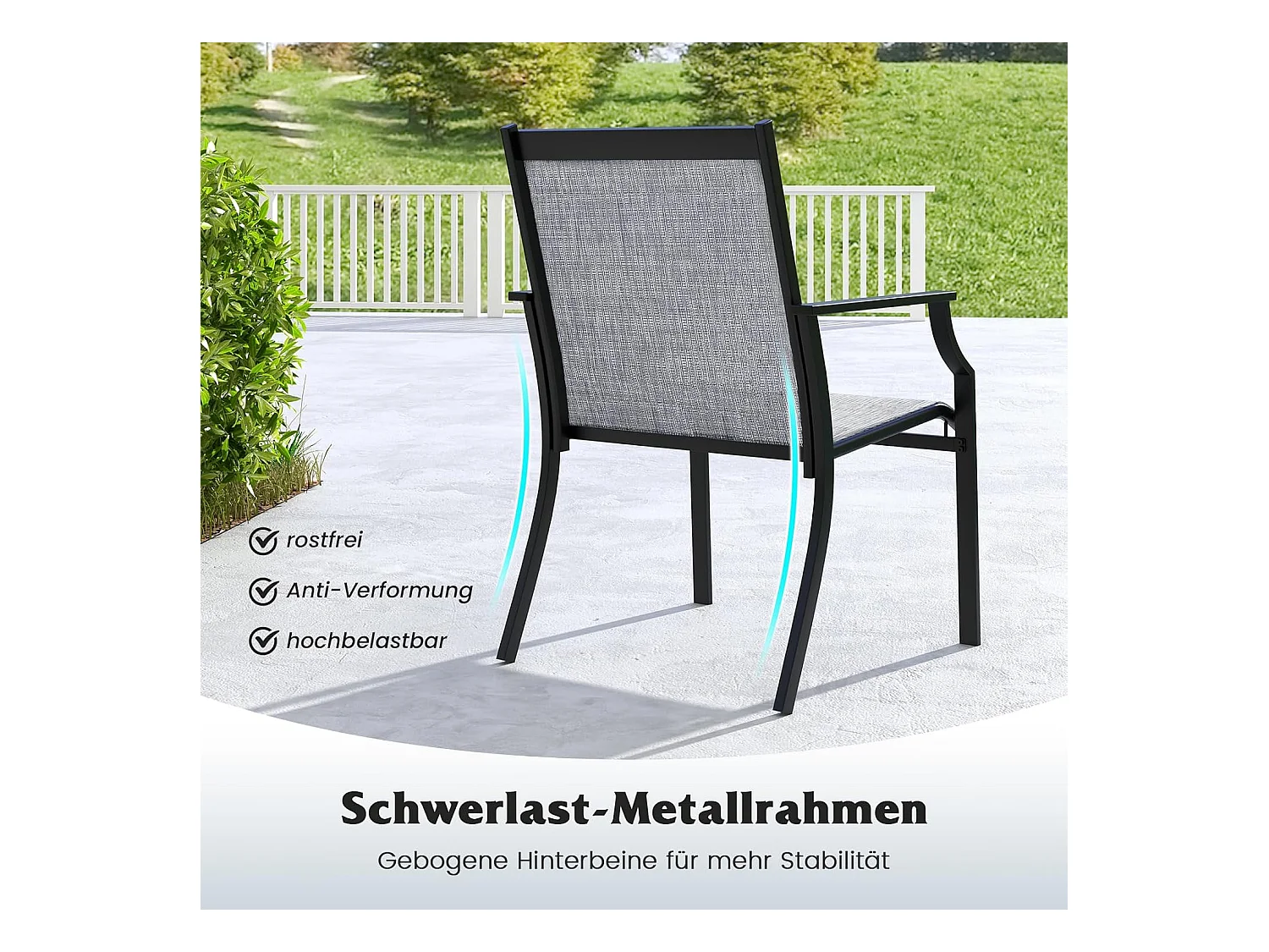 Set van 2 tuinstoelen, terrasstoelen, balkonstoelen met ademende zitting, outdoorstoelen tot 150 kg belastbaar, voor tuin, balkon, zwembad (grijs)ZB33582