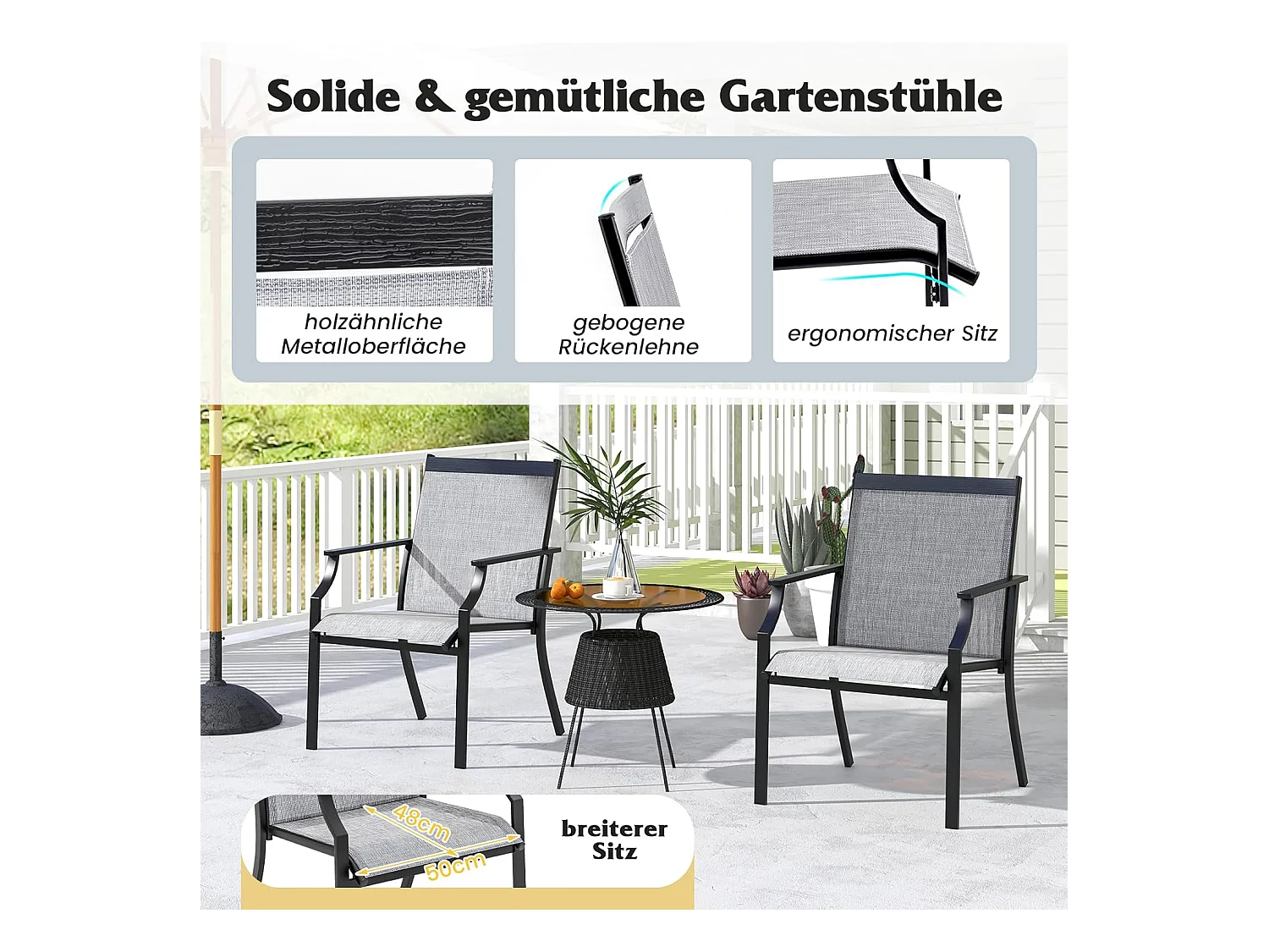 Set van 2 tuinstoelen, terrasstoelen, balkonstoelen met ademende zitting, outdoorstoelen tot 150 kg belastbaar, voor tuin, balkon, zwembad (grijs)ZB33582