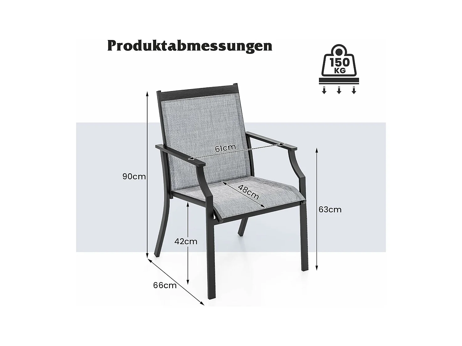 Set van 2 tuinstoelen, terrasstoelen, balkonstoelen met ademende zitting, outdoorstoelen tot 150 kg belastbaar, voor tuin, balkon, zwembad (grijs)ZB33582