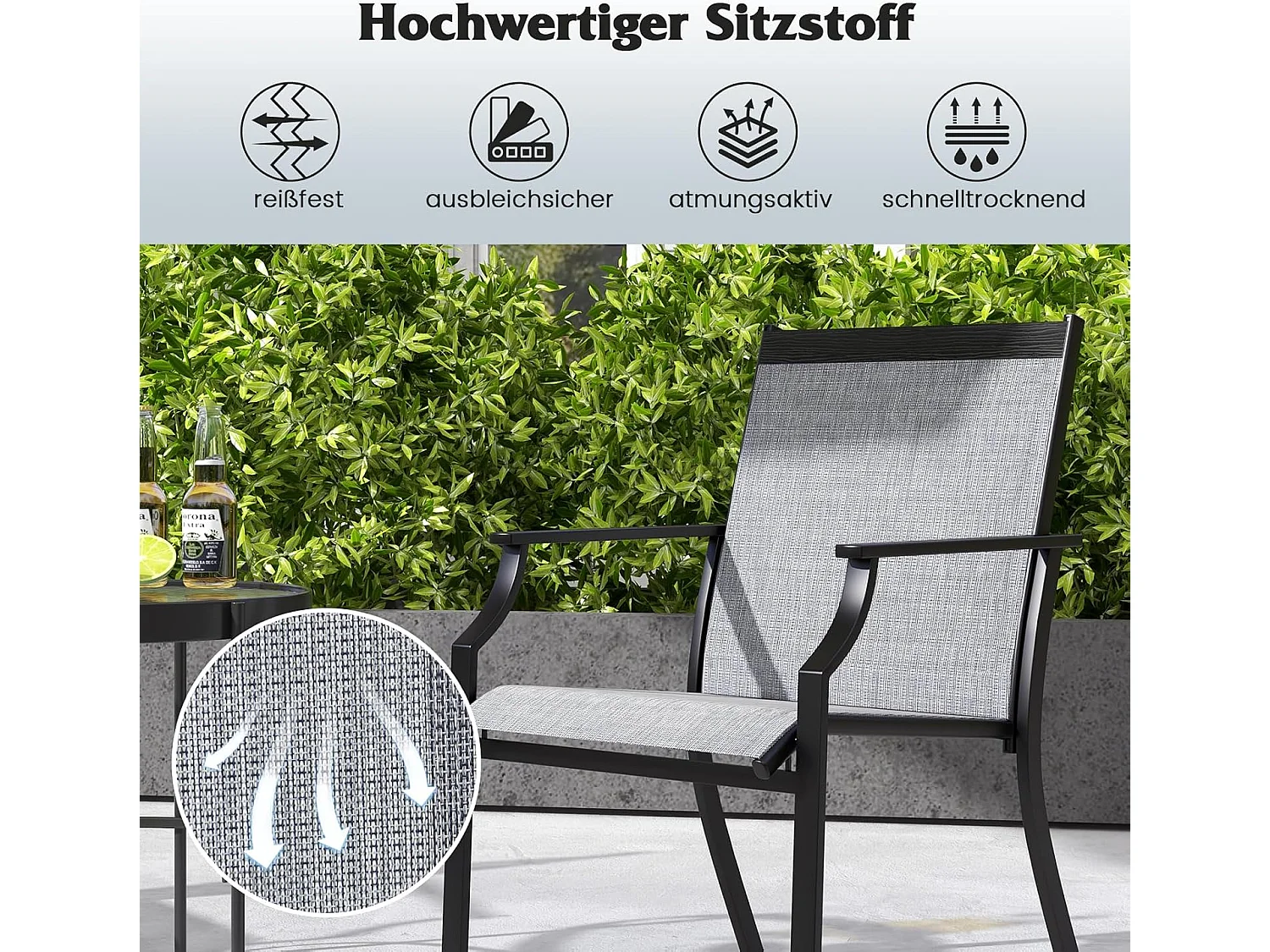 Set van 2 tuinstoelen, terrasstoelen, balkonstoelen met ademende zitting, outdoorstoelen tot 150 kg belastbaar, voor tuin, balkon, zwembad (grijs)ZB33582
