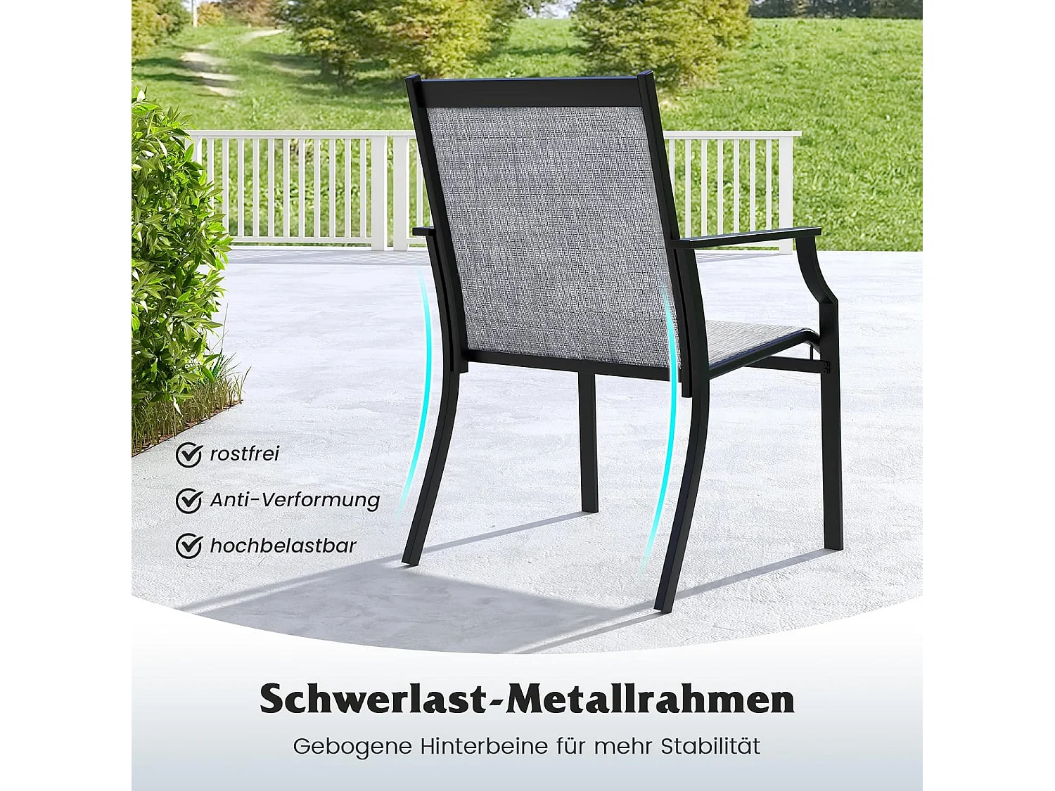 Set van 2 tuinstoelen, terrasstoelen, balkonstoelen met ademende zitting, outdoorstoelen tot 150 kg belastbaar, voor tuin, balkon, zwembad (grijs)ZB33582