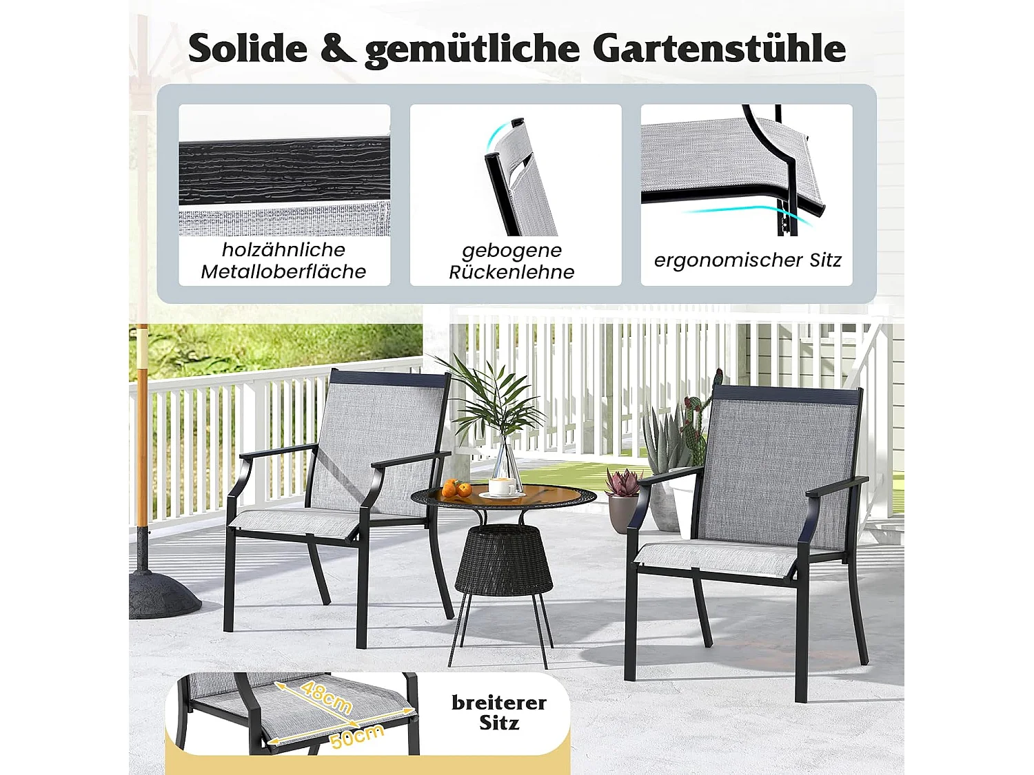Set van 2 tuinstoelen, terrasstoelen, balkonstoelen met ademende zitting, outdoorstoelen tot 150 kg belastbaar, voor tuin, balkon, zwembad (grijs)ZB33582