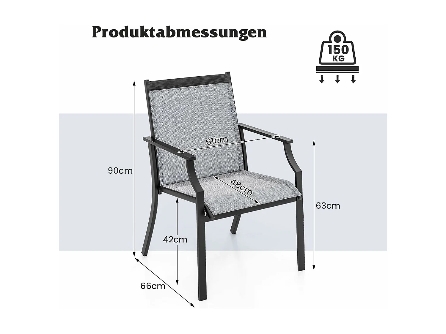 Set van 2 tuinstoelen, terrasstoelen, balkonstoelen met ademende zitting, outdoorstoelen tot 150 kg belastbaar, voor tuin, balkon, zwembad (grijs)ZB33582