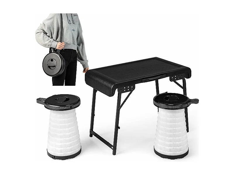 Draagbare klaptafel met 2 led-telescoopkrukken, campingtafel en in hoogte verstelbare kruk, campingkruk, klapkruk, voor kamperen,reizen, vissen ZB33380