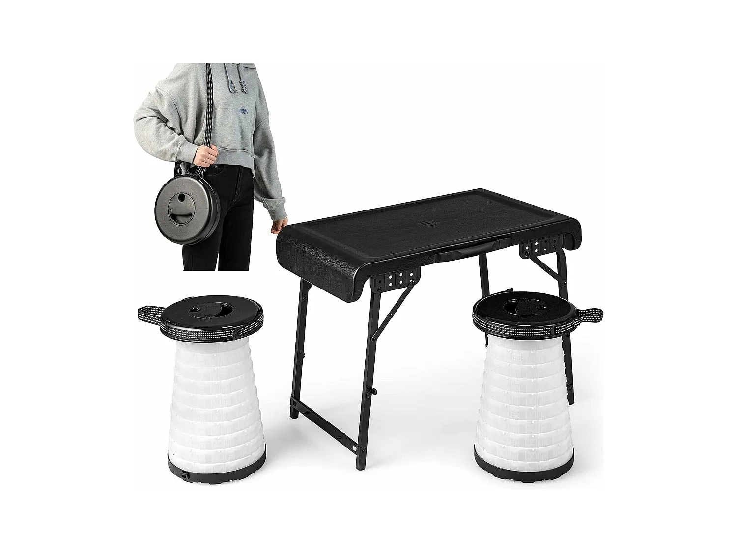 Draagbare klaptafel met 2 led-telescoopkrukken, campingtafel en in hoogte verstelbare kruk, campingkruk, klapkruk, voor kamperen,reizen, vissen ZB33380