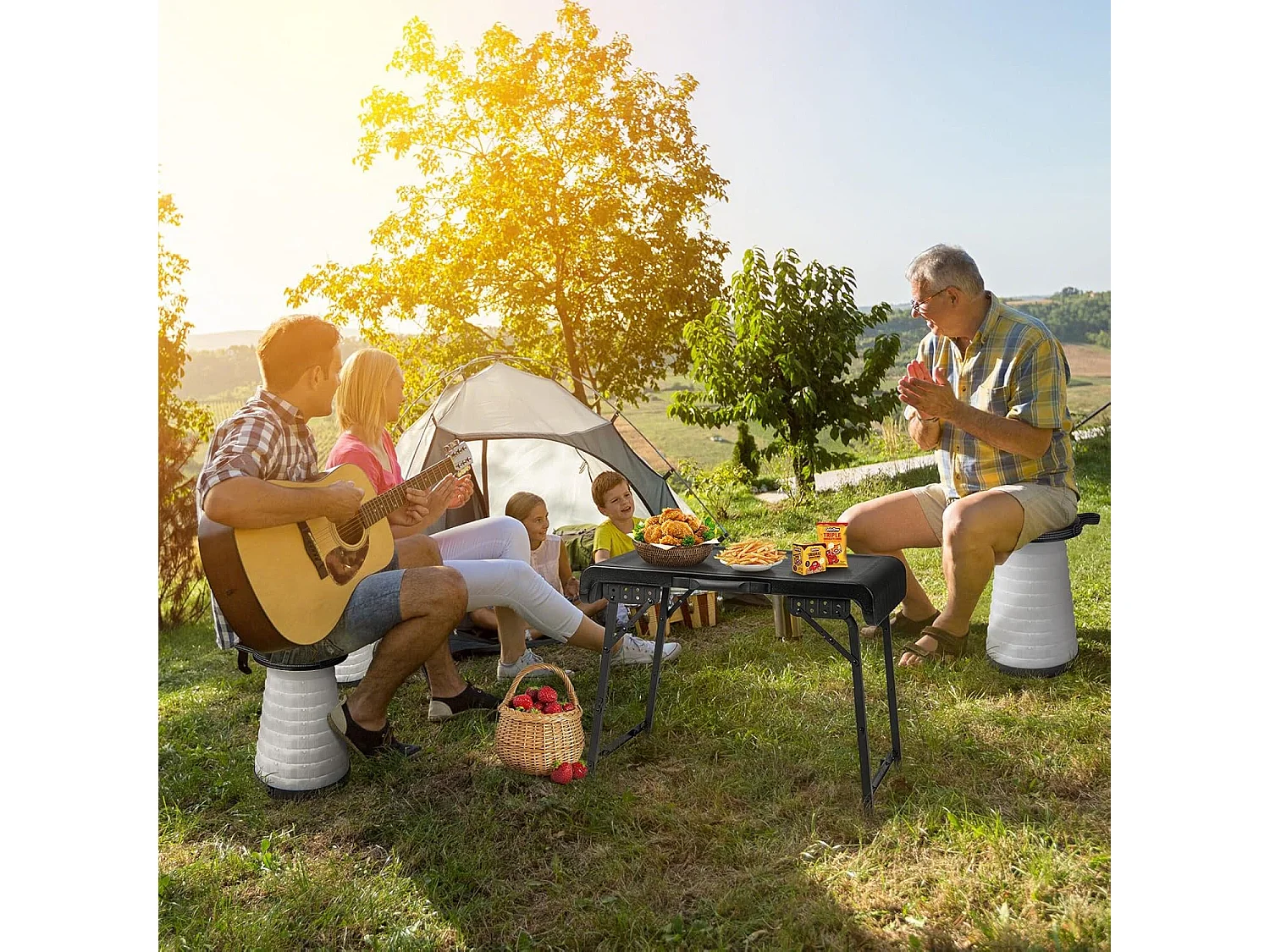 Draagbare klaptafel met 2 led-telescoopkrukken, campingtafel en in hoogte verstelbare kruk, campingkruk, klapkruk, voor kamperen,reizen, vissen ZB33380