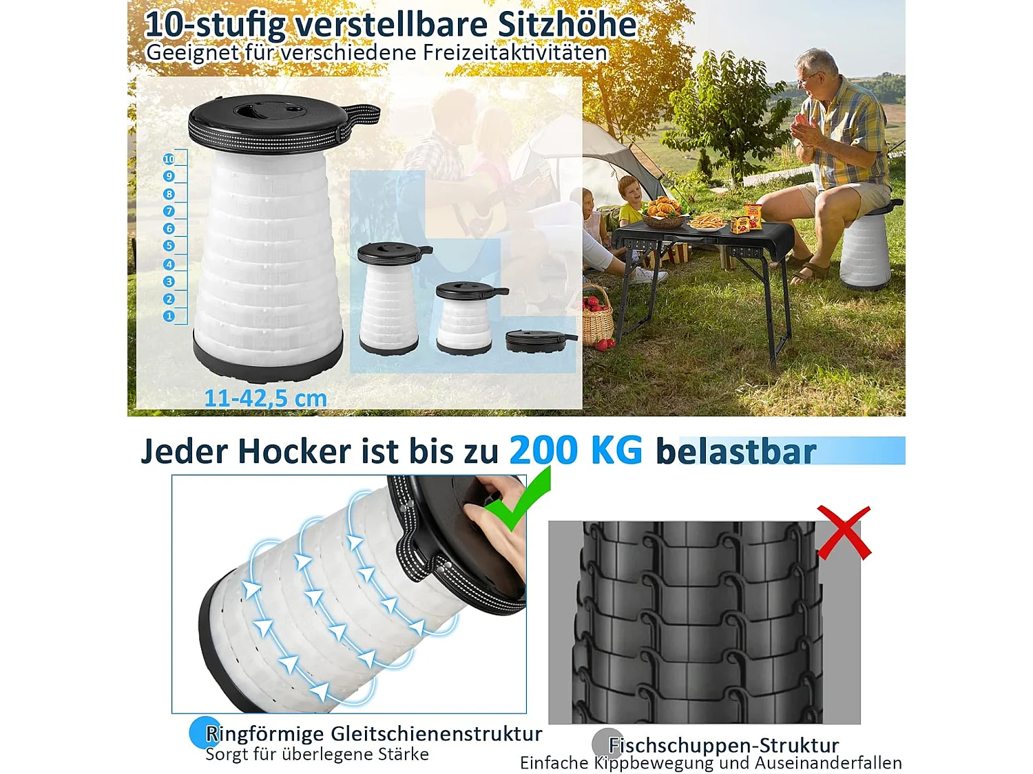 Draagbare klaptafel met 2 led-telescoopkrukken, campingtafel en in hoogte verstelbare kruk, campingkruk, klapkruk, voor kamperen,reizen, vissen ZB33380