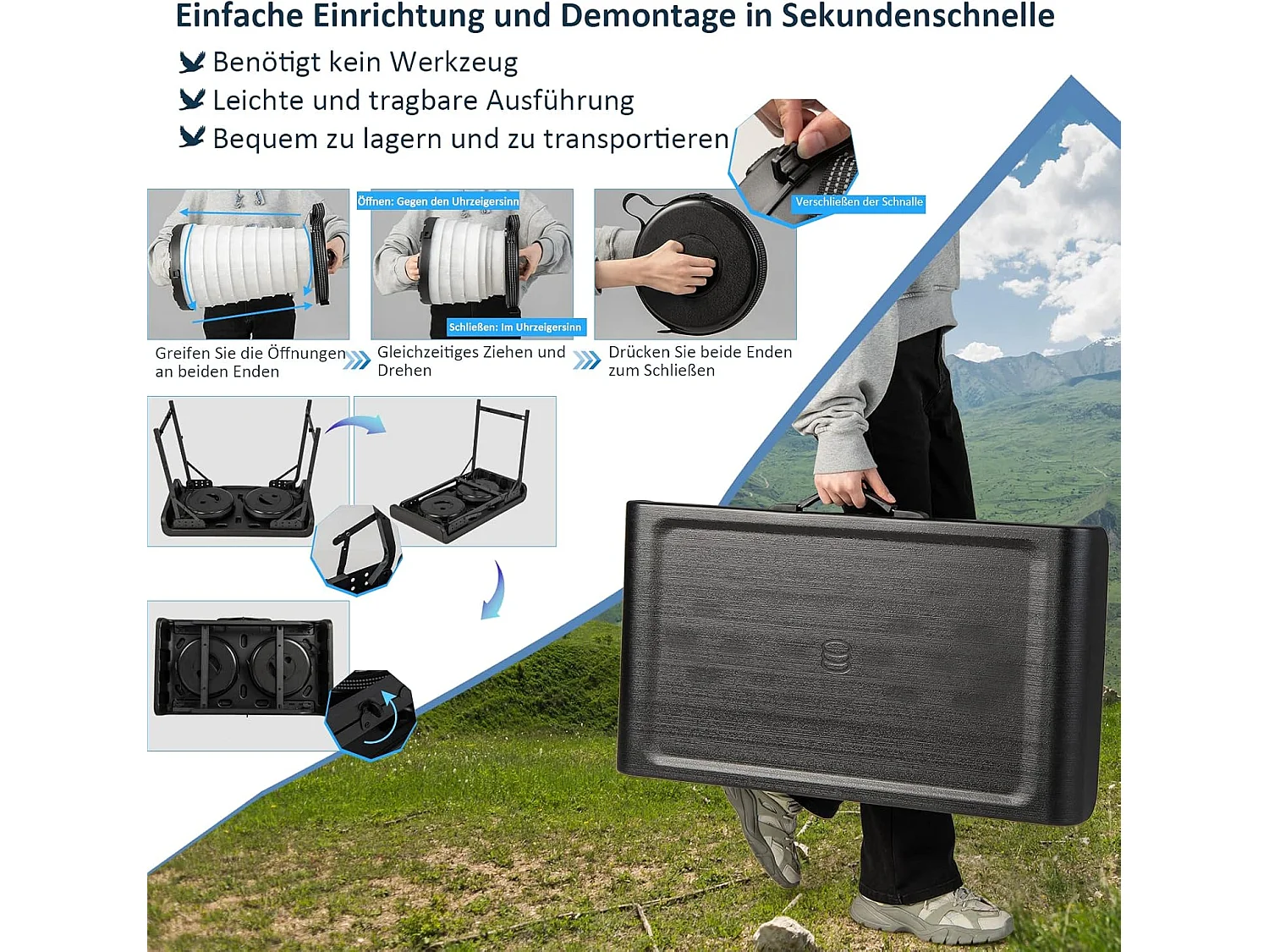 Draagbare klaptafel met 2 led-telescoopkrukken, campingtafel en in hoogte verstelbare kruk, campingkruk, klapkruk, voor kamperen,reizen, vissen ZB33380
