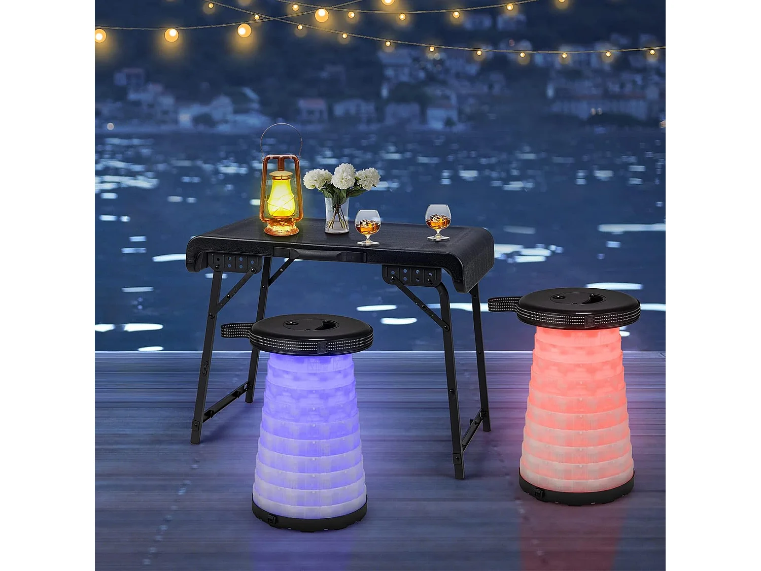 Draagbare klaptafel met 2 led-telescoopkrukken, campingtafel en in hoogte verstelbare kruk, campingkruk, klapkruk, voor kamperen,reizen, vissen ZB33380